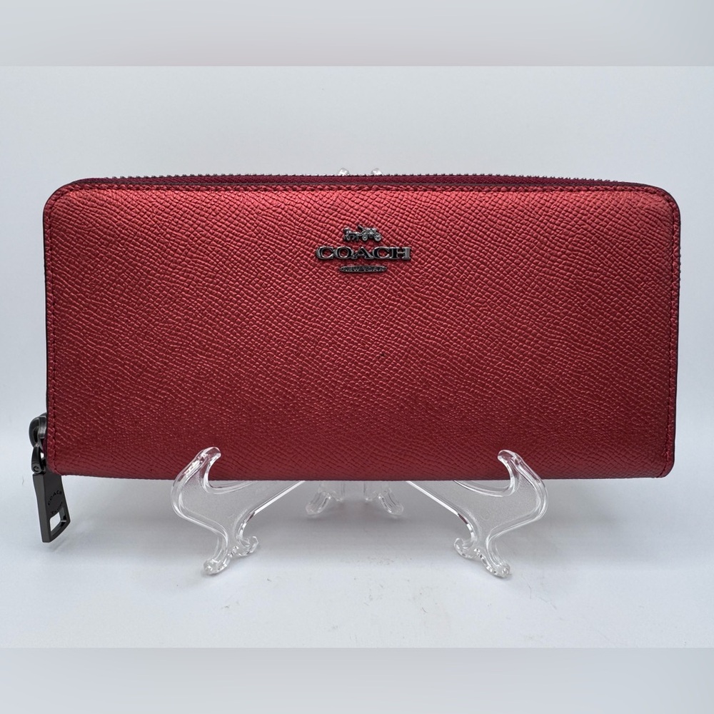 Coach Slim Accordian Zip Pebbled Leather Wallet in Metalic Burgundy Color